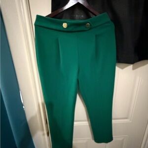 Slim-Fit Emerald Ankle Pants with Gold Button Detail